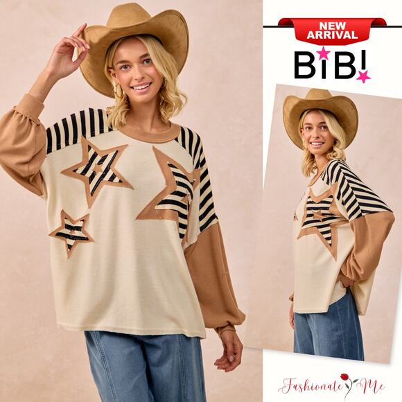 BiBi Star Patchwork Mixed Round Neck Long Sleeves Oversized Sweatshirt | Oatmeal - Picture 1 of 10
